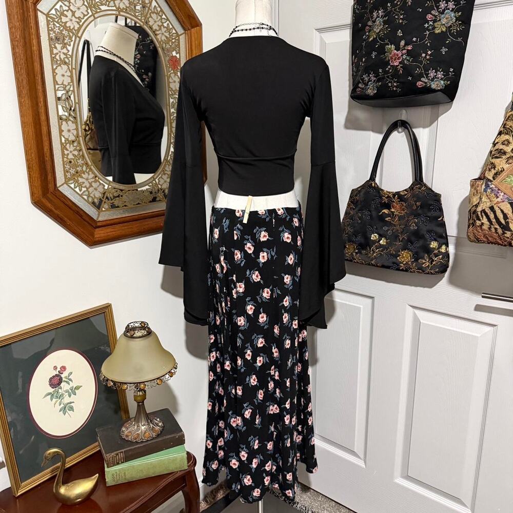 VTG 90s Krush of California Black & Pink Floral Pattern Ribbed Button Maxi Skirt - Picture 5 of 8